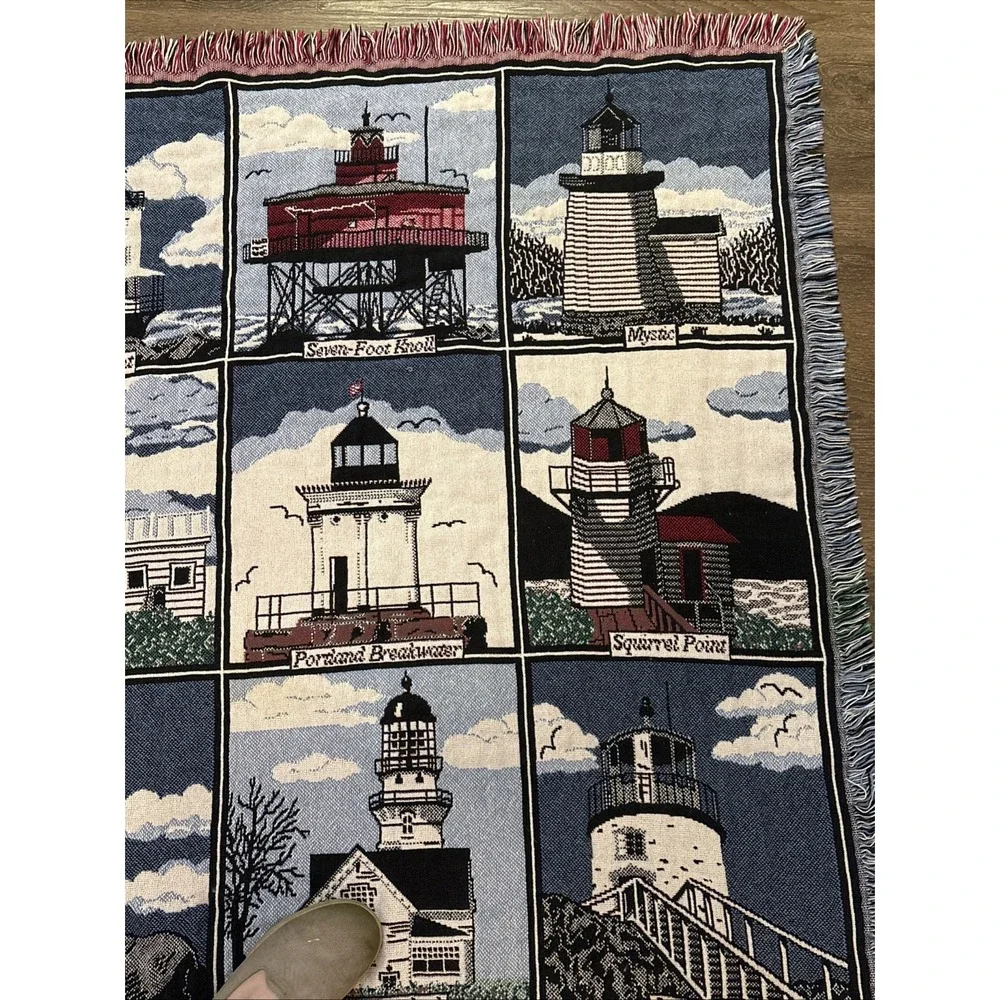 VTG Goodwin Weavers HISTORICAL Lighthouse Tapestry Throw Blanket USA 62 X  42